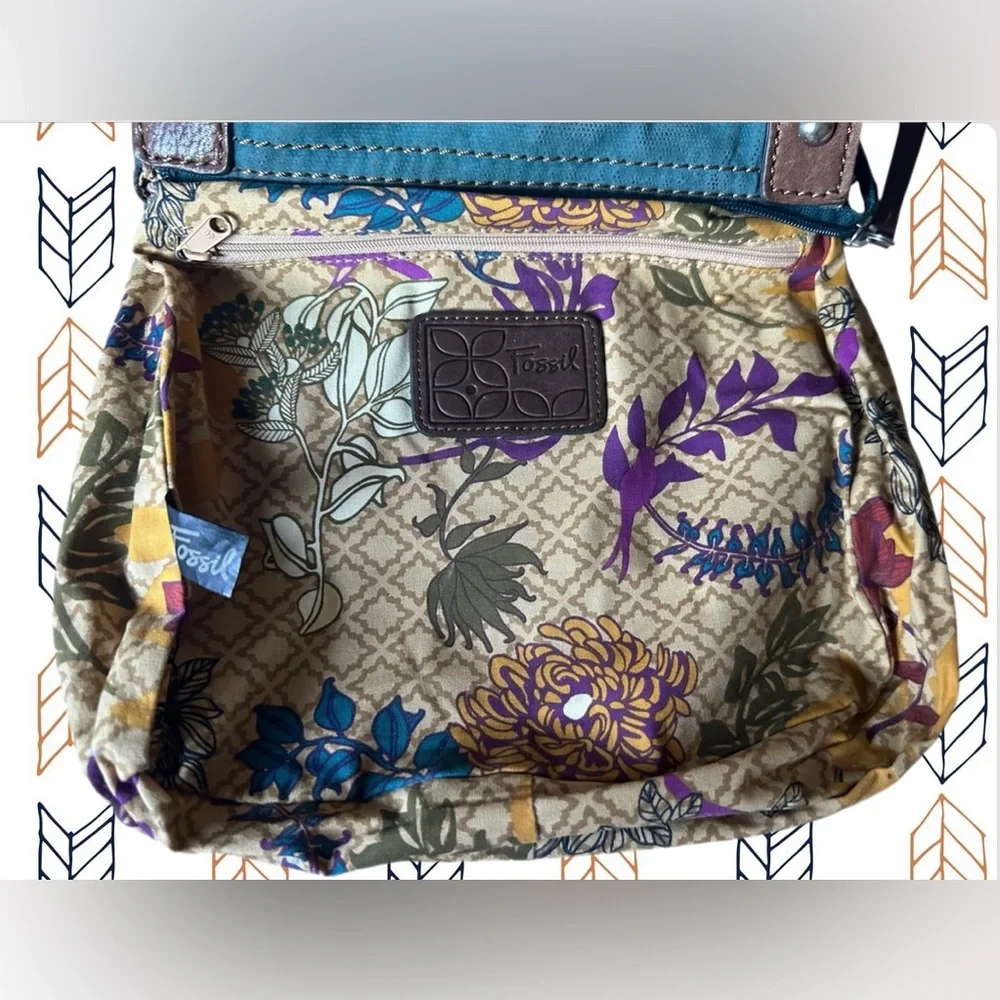 Fossil Teal Green Velvet Corduroy with Brown Leather Trim & Stitching Crossbody